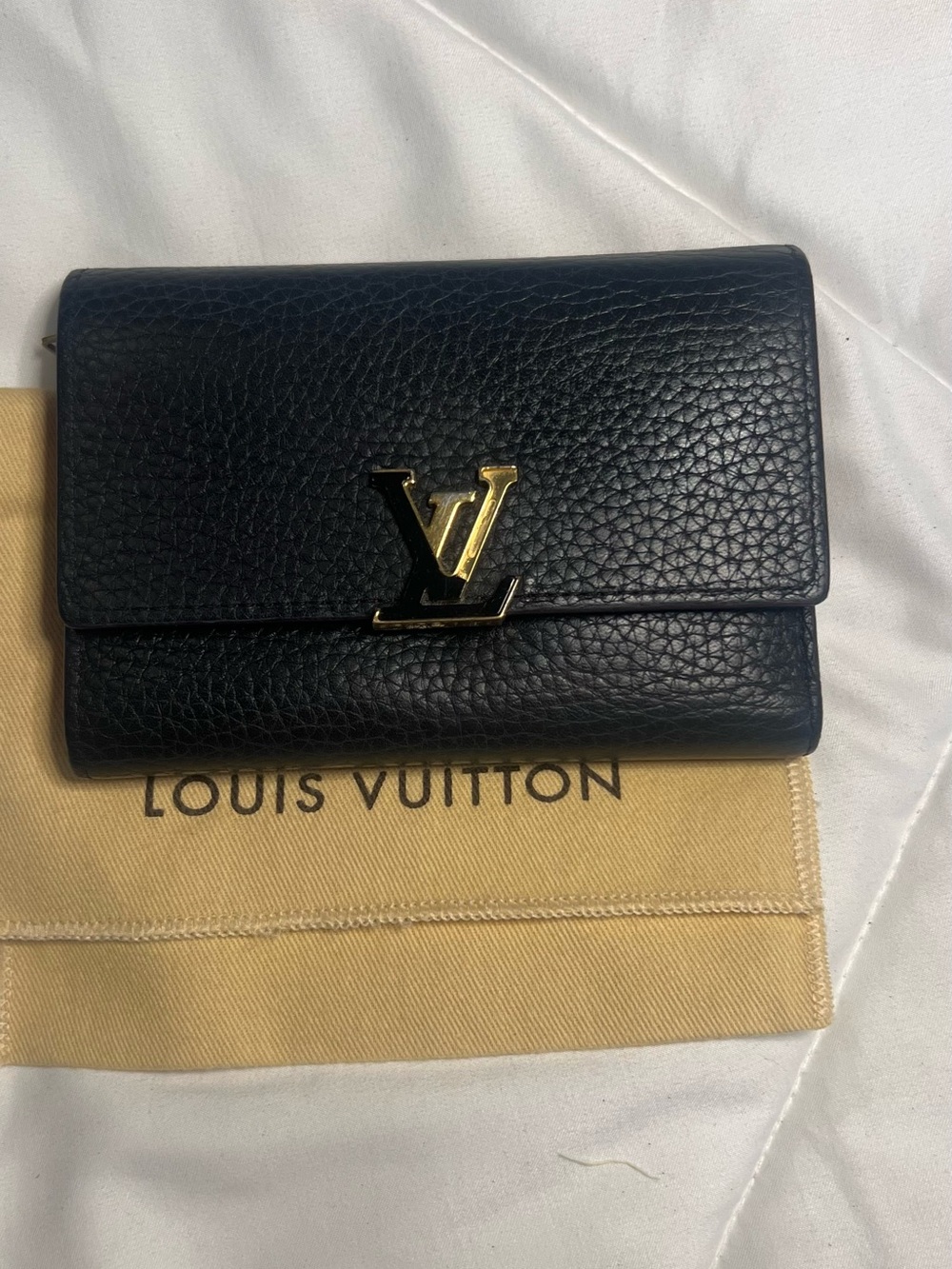 Louis Vuitton Black Pebbled Leather Wallet with Gold LV Accent